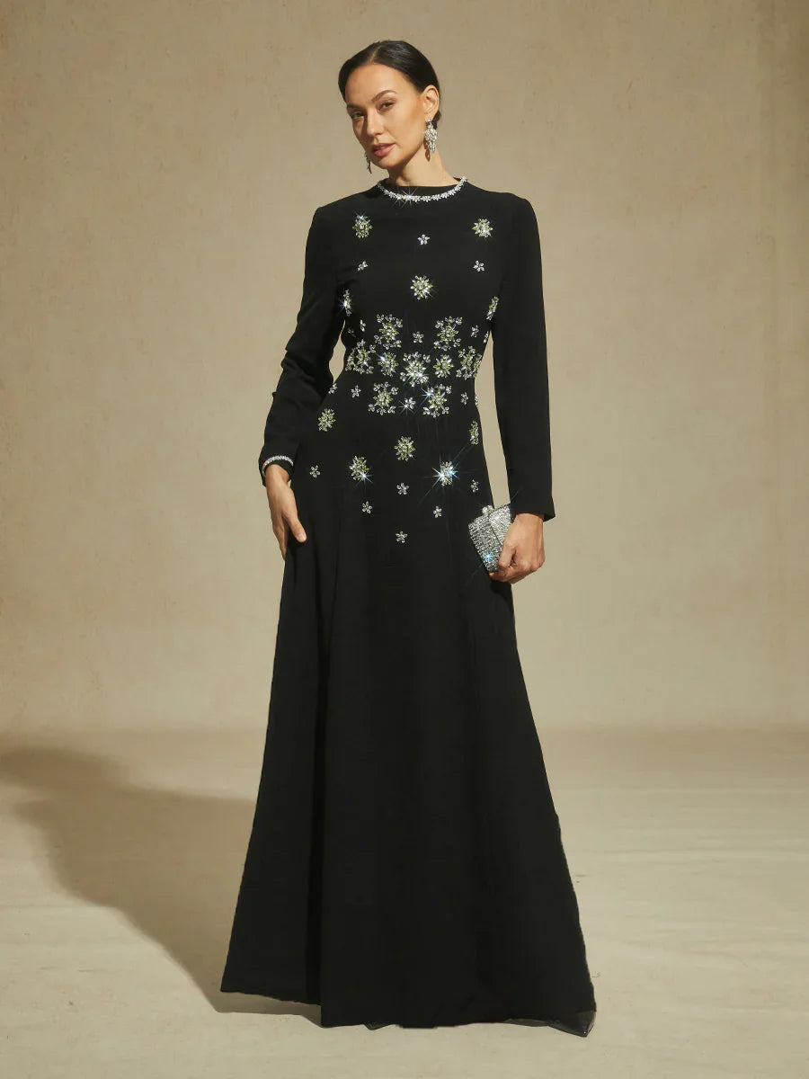 Black Maxi Evening Dress with Snowflake Crystal Embellishments