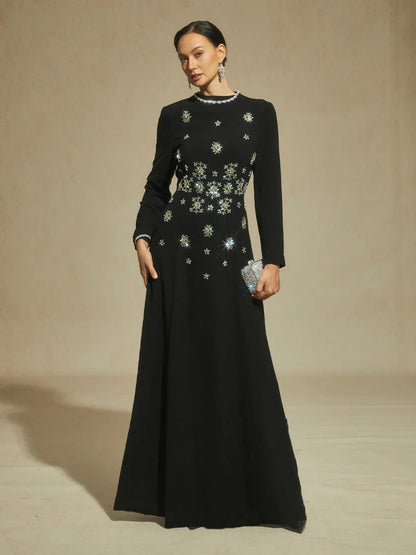 Black Maxi Evening Dress with Snowflake Crystal Embellishments