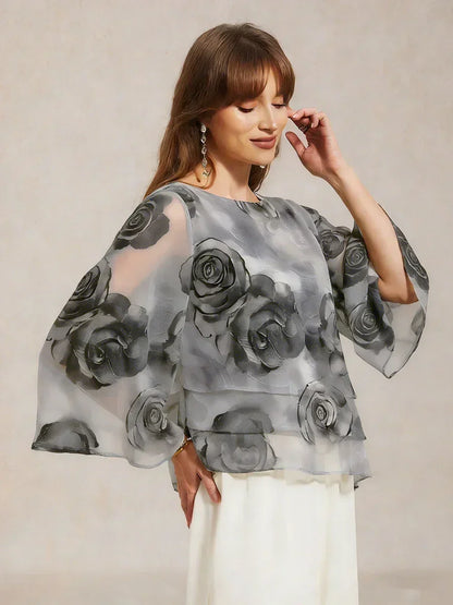 Lace Chiffon Layered Blouse with Floral Print