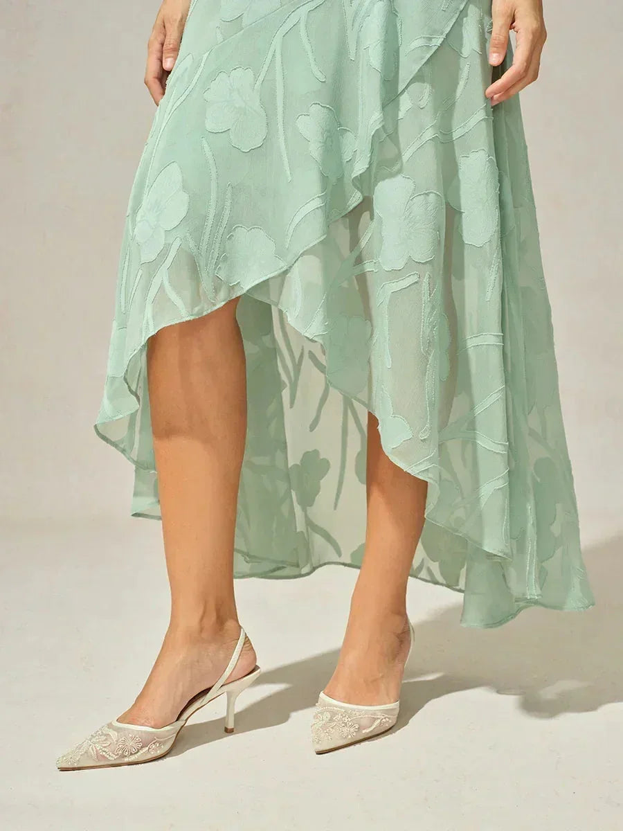 海軍藍花卉雪紡不對稱下擺晚禮服