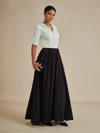 Formal Black & White Stretch Taffeta Maxi Dress