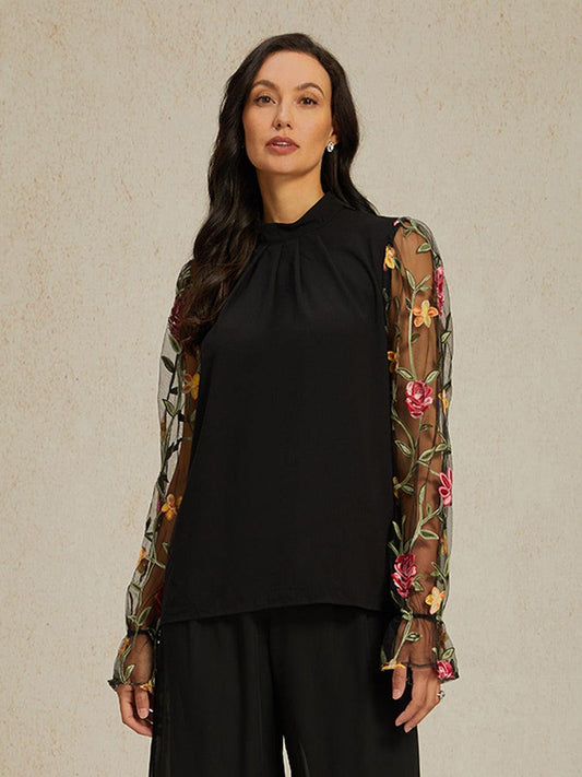 Floral Embroidery Mesh Modest Tops