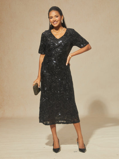 Elegant V-Neck Cold Shoulder Sequin Dress