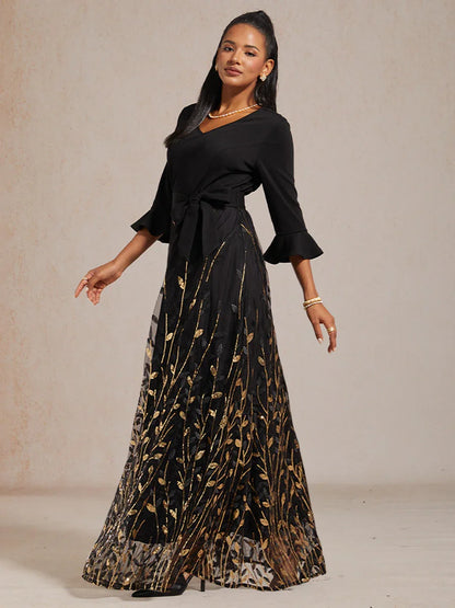 High-Waist A-Line Dress with Sequin Embroidery