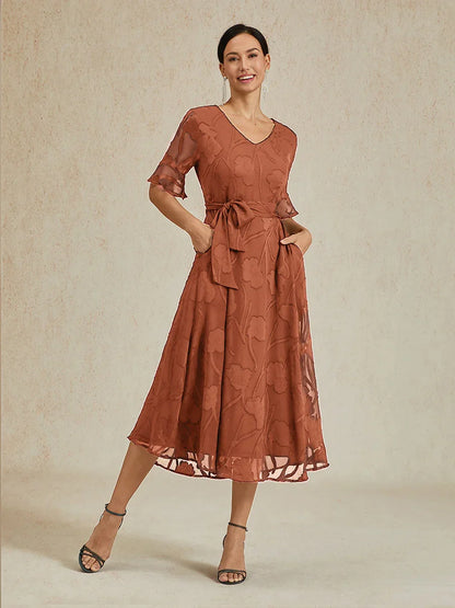 Ruffle Flutter Lace Midi Dress with Pockets