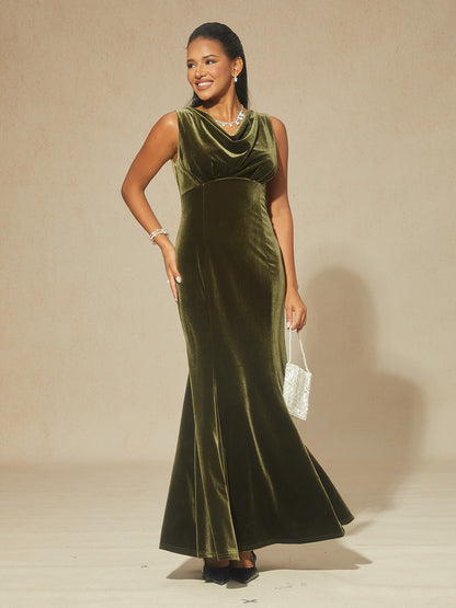 High-Stretch Velvet Sleeveless Midi Dress with Cowl Neck