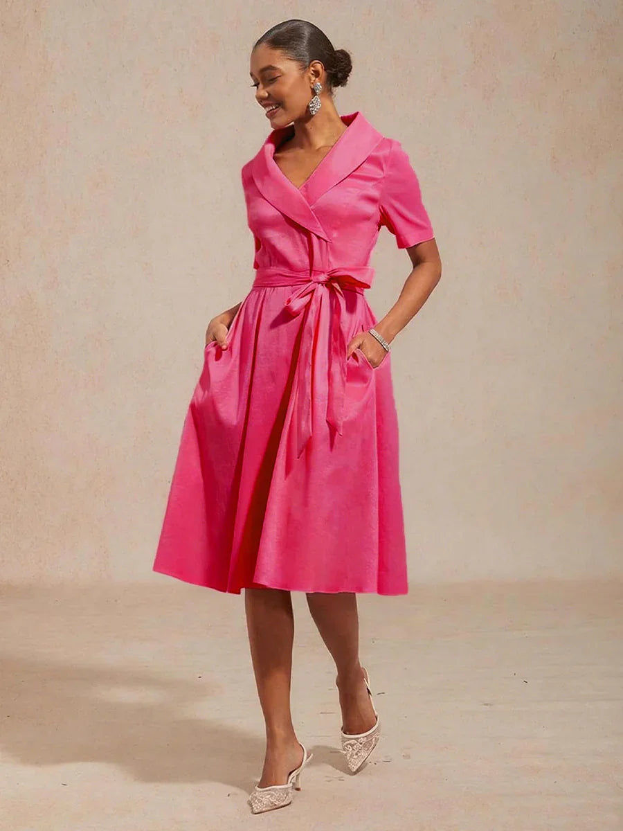 Collar Stretch Taffeta Dress with Tie Waist Belt