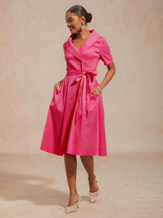 Collar Stretch Taffeta Dress with Tie Waist Belt