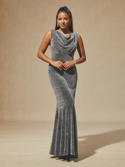 High-Stretch Velvet Sleeveless Midi Dress with Cowl Neck