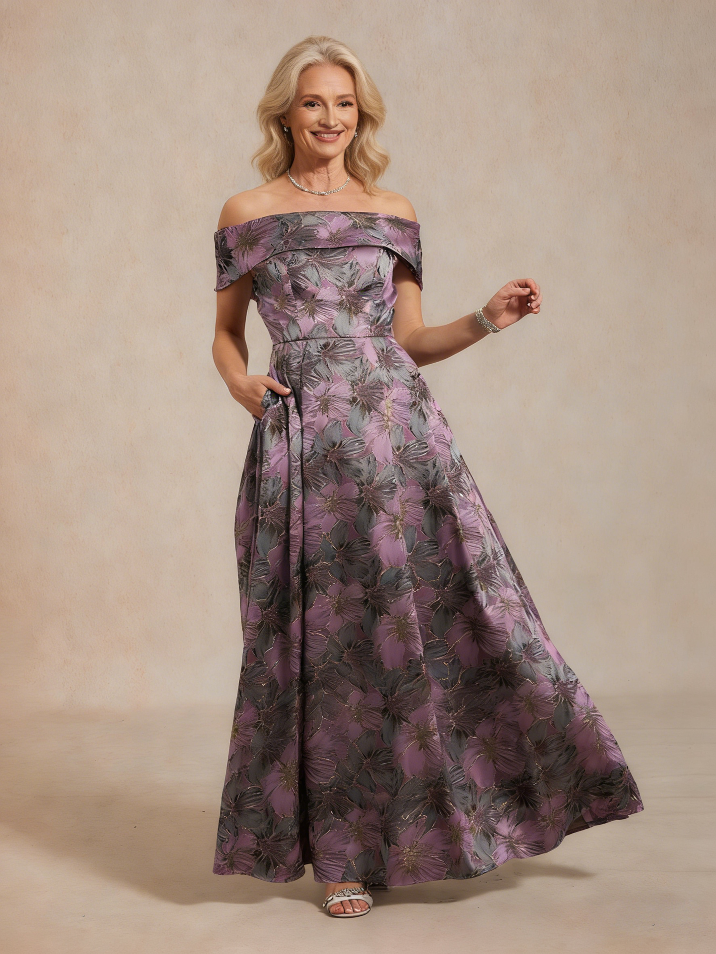Off the Shoulder Metallic Floral Jacquard Ballgown