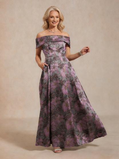 Off the Shoulder Metallic Floral Jacquard Ballgown