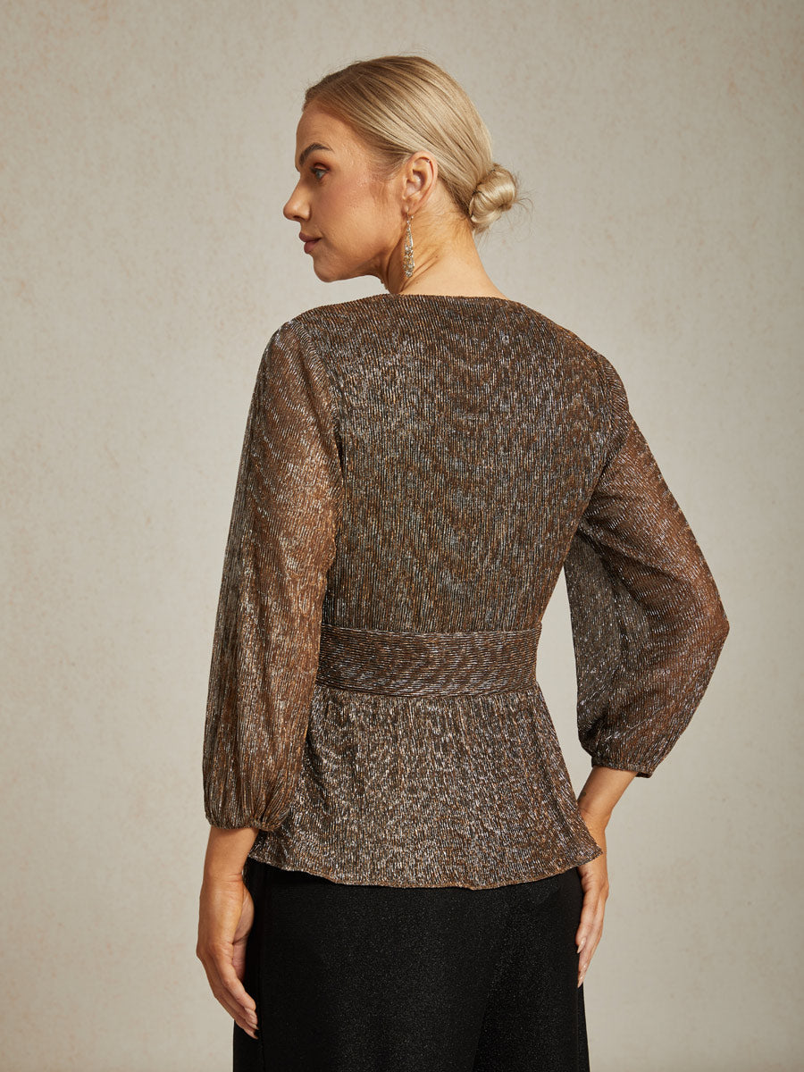 Metallic Pleated Chiffon Evening Wrap Top