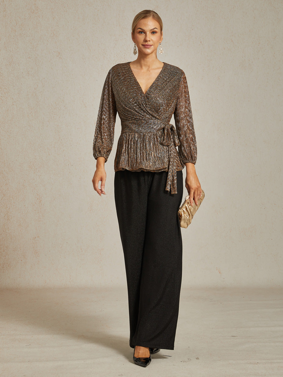 Metallic Pleated Chiffon Evening Wrap Top