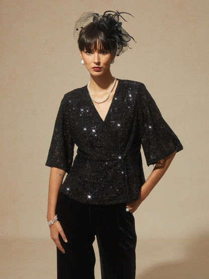 3/4 Sleeve Stretch Lace Blouse with Sequin Detail