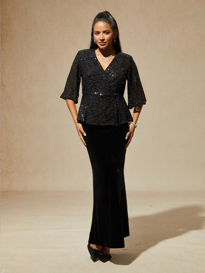 3/4 Sleeve Stretch Lace Blouse with Sequin Detail