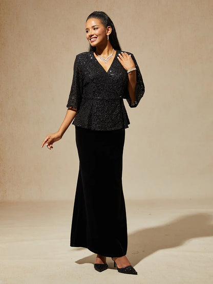 3/4 Sleeve Stretch Lace Blouse with Sequin Detail