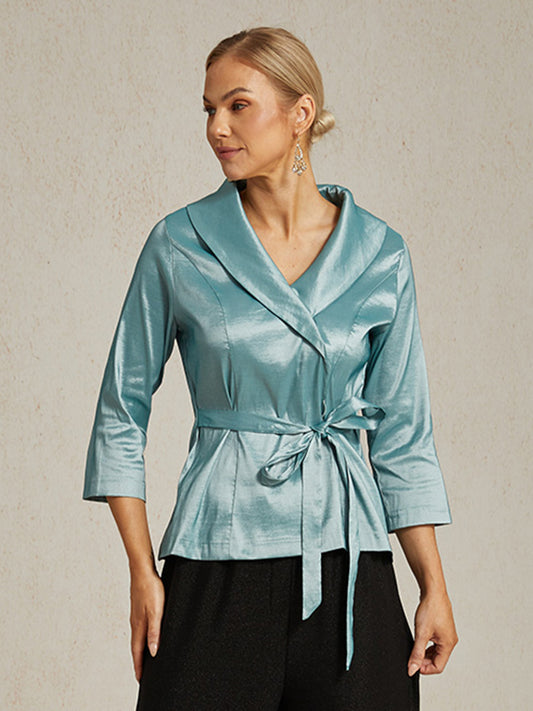 Bluse aus Stretch-Taft mit 3/4-Ärmeln und Bindedetail in der Taille