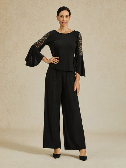Beaded Illusion Metallic Knit Blouse