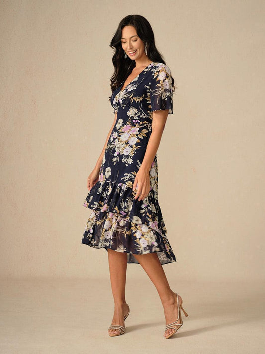 Chiffon-Midikleid mit Blumenmuster, V-Ausschnitt und Rüschen
