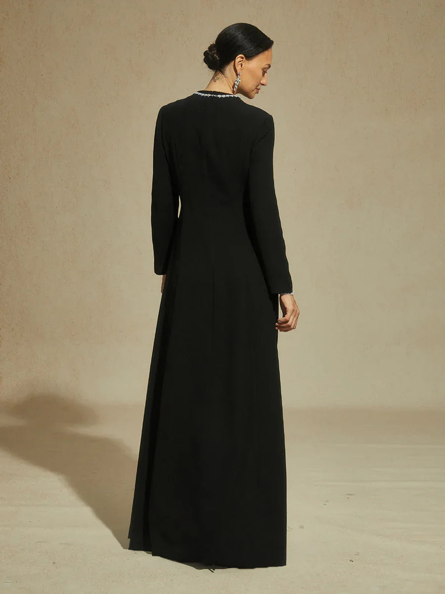 Black Maxi Evening Dress with Snowflake Crystal Embellishments