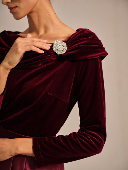 Long Sleeve Velvet Blouse with Ruched Collar