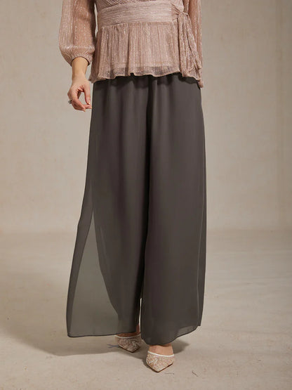 Rechte broek met chiffon split been overlay