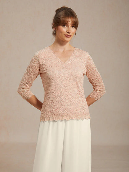 Feminine V-Neck Stretch Lace Top with Scalloped Hem