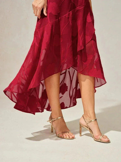 Navy Floral Chiffon Evening Gown with Asymmetrical Hem