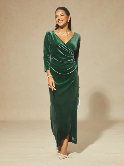 Long Stretch Velvet Evening Dress with 3/4 Sleeves