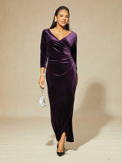 Long Stretch Velvet Evening Dress with 3/4 Sleeves