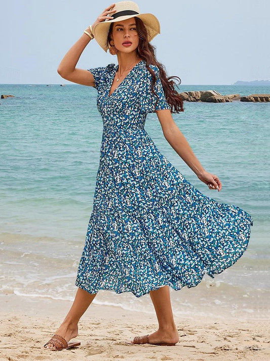 Geblümtes Midikleid mit V-Ausschnitt und mehreren Lagen