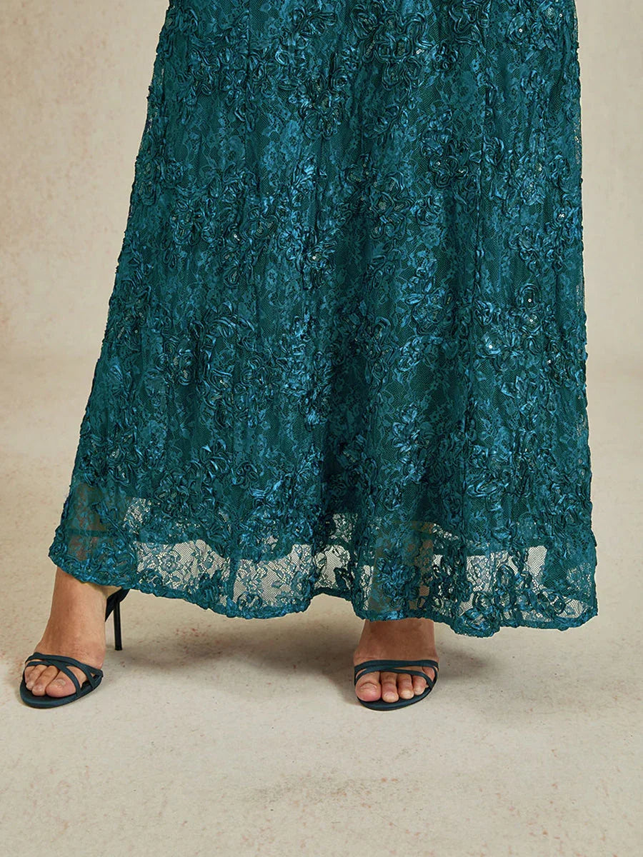 Robe trapèze en dentelle rosette ornée de paillettes