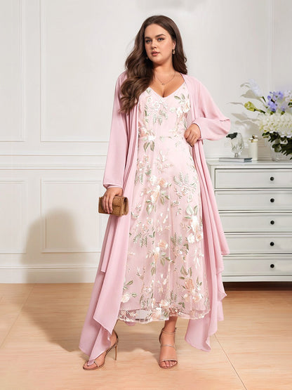 Curvy Embroidered Lace Chiffon Dress Set