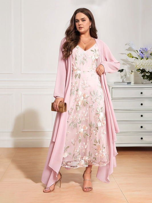 Curvy Embroidered Lace Chiffon Dress Set