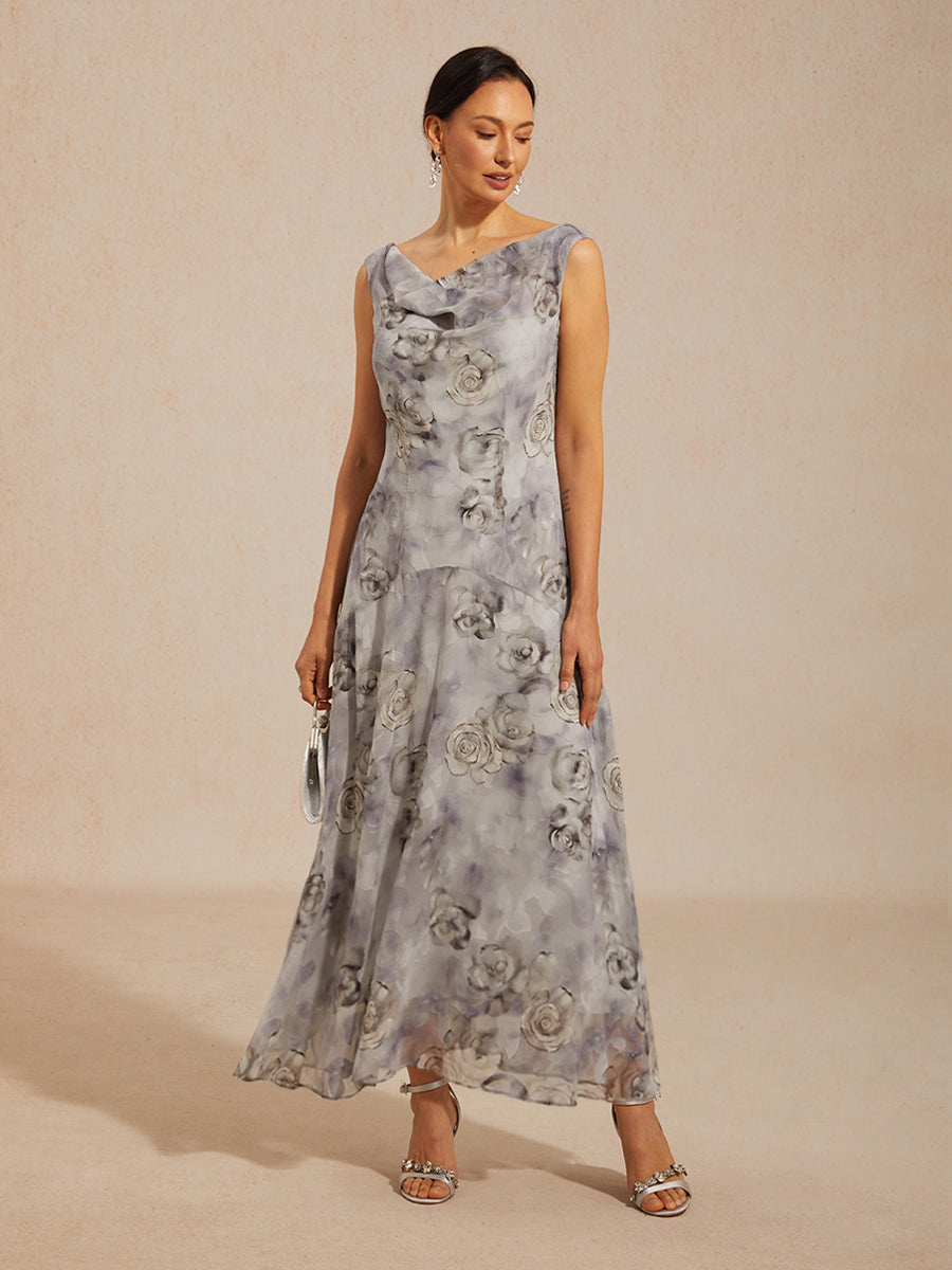 花卉披肩領茶長裙配荷葉邊裙擺