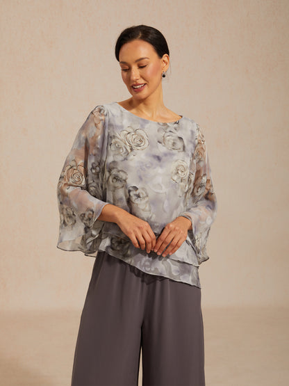 Lace Chiffon Layered Blouse with Floral Print
