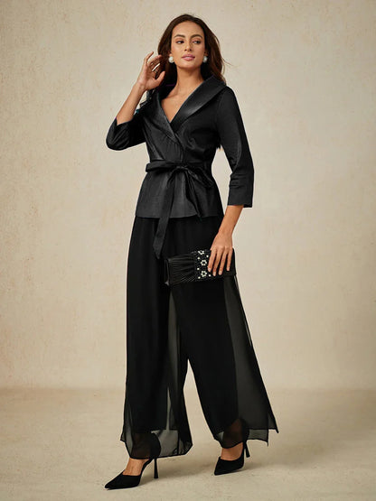 3/4 Sleeve Stretch Taffeta Blouse with Tie Waist Detail