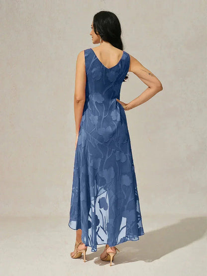 Floral Chiffon Sleeveless Evening Gown with Asymmetrical Hem