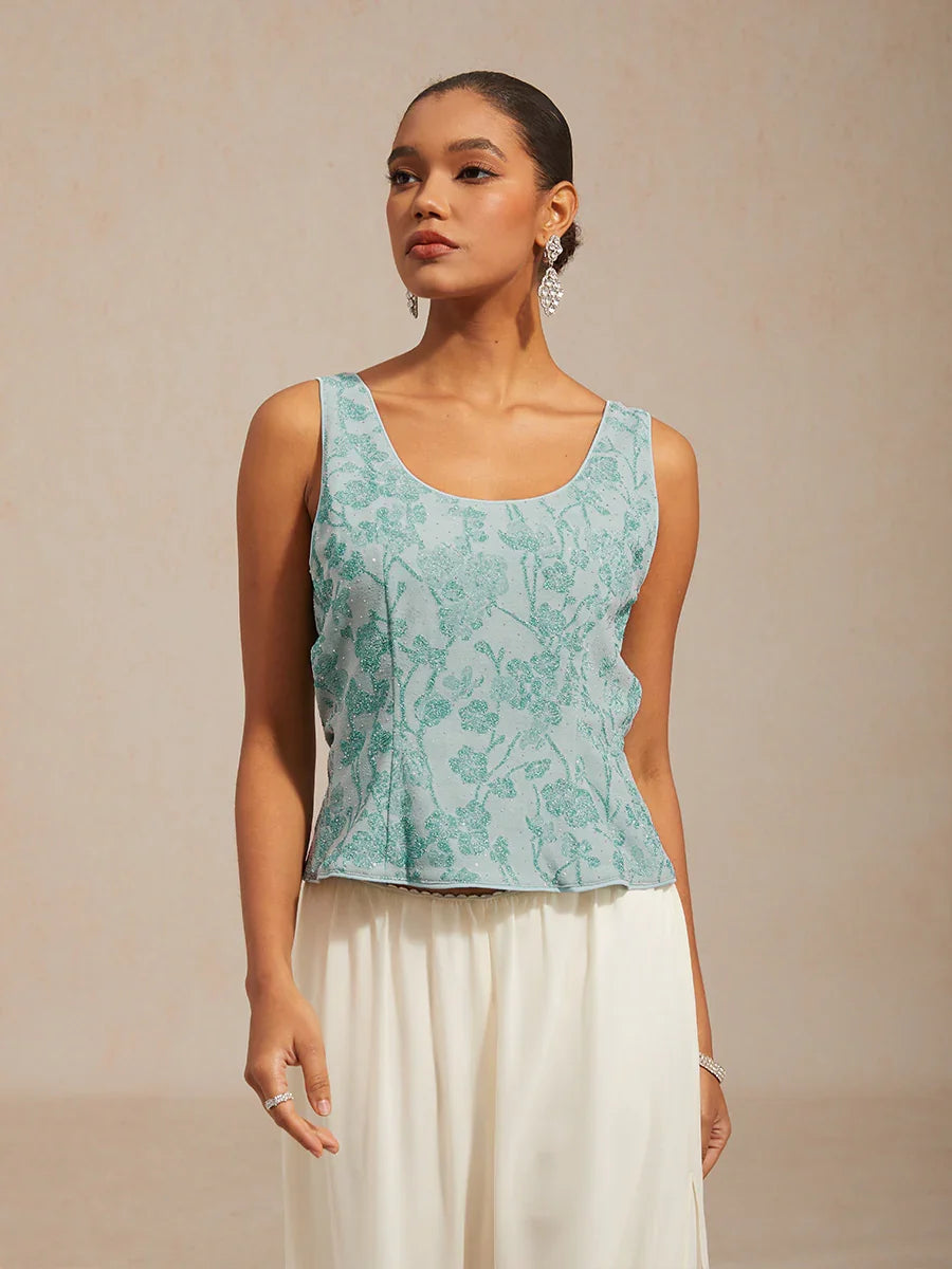 Floral Knit Jacquard Mandarin Collar Twinset