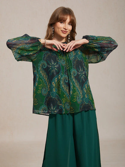 Blusa elegante bohemia de gasa con mangas con volantes