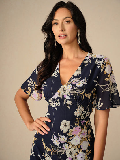 Floral Chiffon V Neck Ruffle Midi Dress