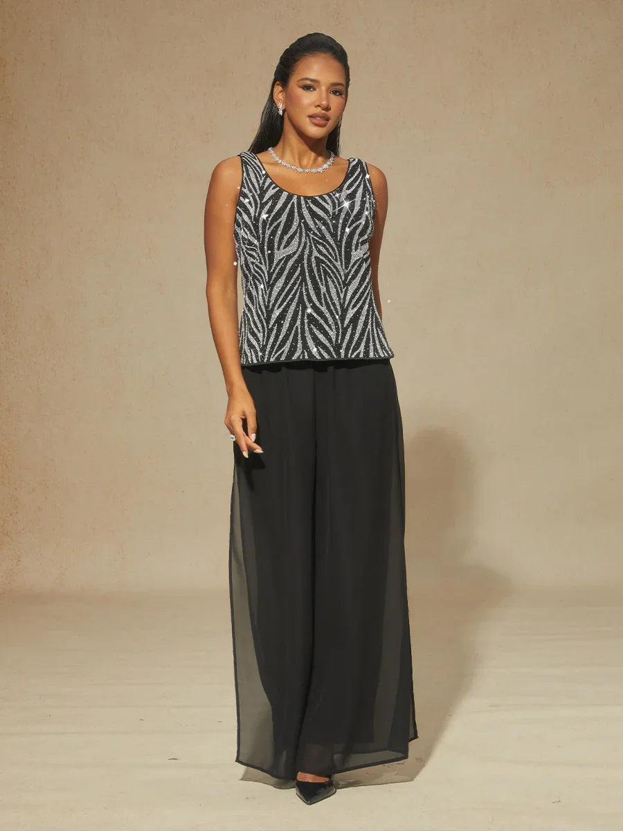 Elegant Mandarin Collar Twinset with Rhinestone-Embellished Zebra Print