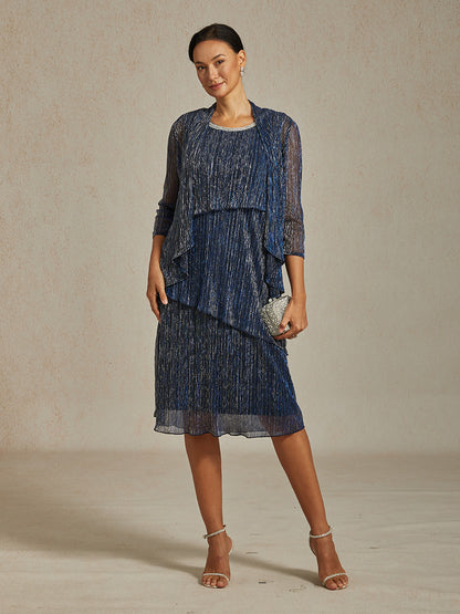 Metallic Pleated Chiffon Long Jacket with Layered Design