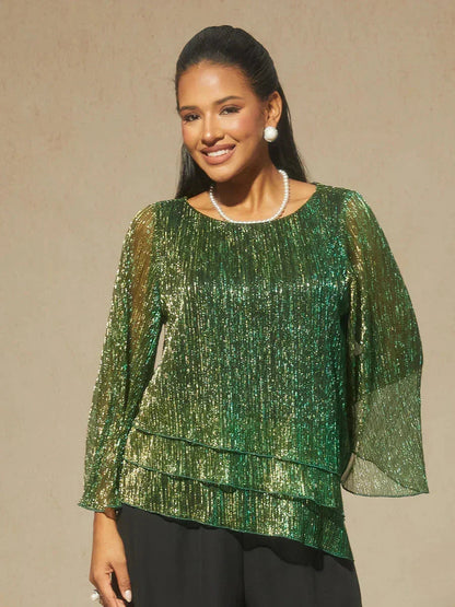 Metallic Pleated Chiffon Asymmetrical Layered Blouse