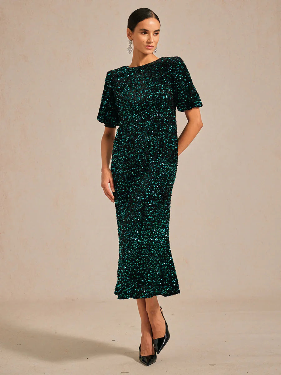 Velvet Sequin Midi Dress with Puff Sleeves