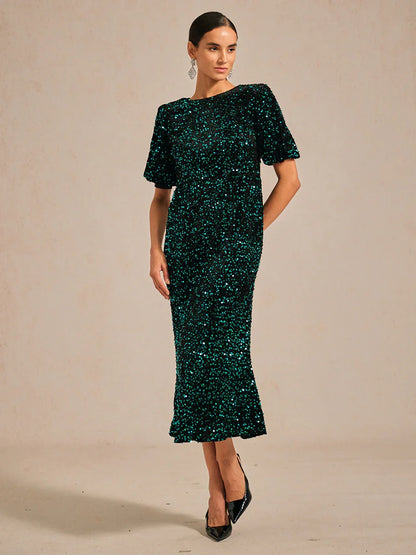 Velvet Sequin Midi Dress with Puff Sleeves