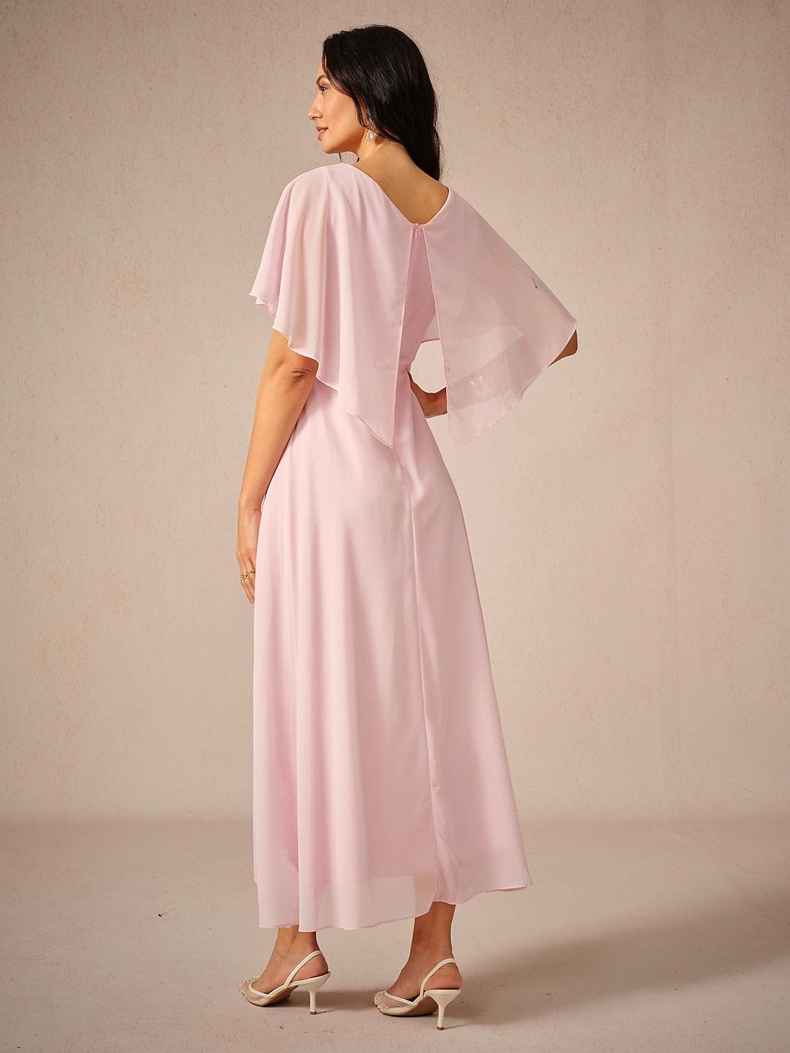 Ruched Chiffon Embroidery Lace Pink Dress-S9841068