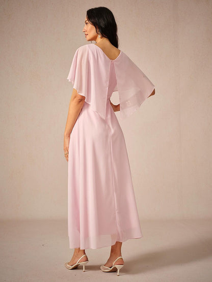 Ruched Chiffon Embroidery Lace Pink Dress-S9841068