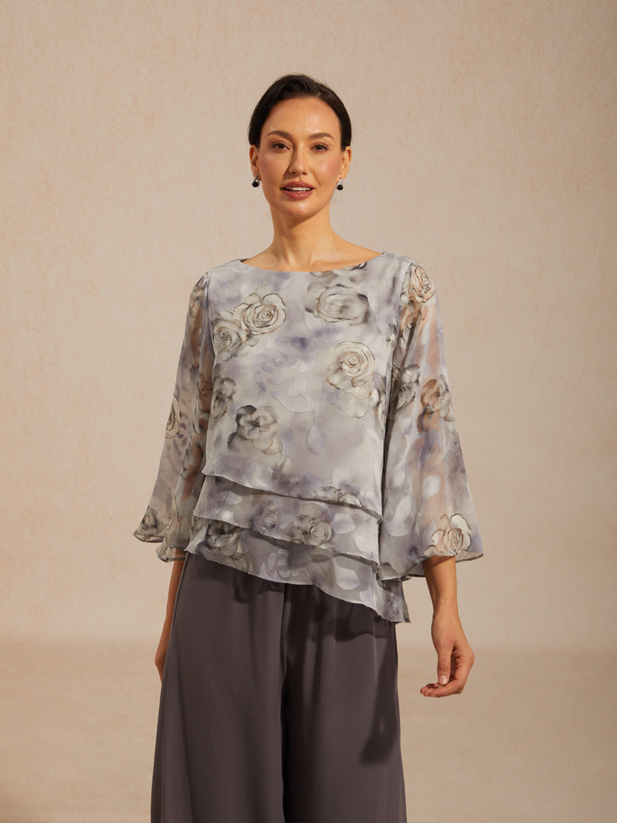 Lace Chiffon Layered Blouse with Floral Print
