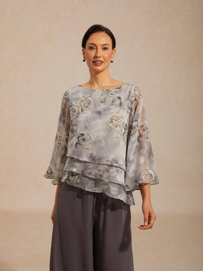 Lace Chiffon Layered Blouse with Floral Print